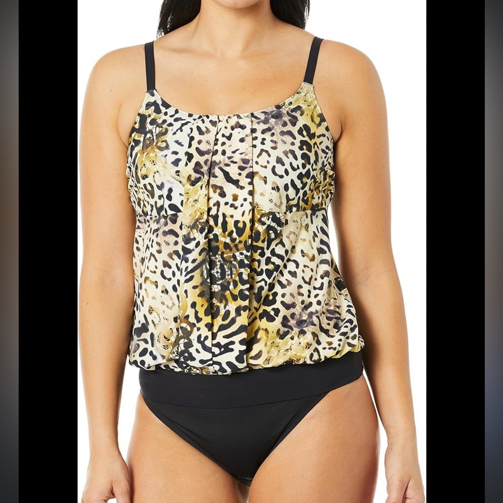 Amoena Nauru‎ Animal Print Pocketed Blouson Top Bikini Bottom size 8 cup B NWT